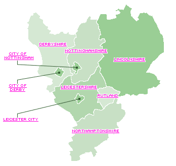 map of East Midlands Region